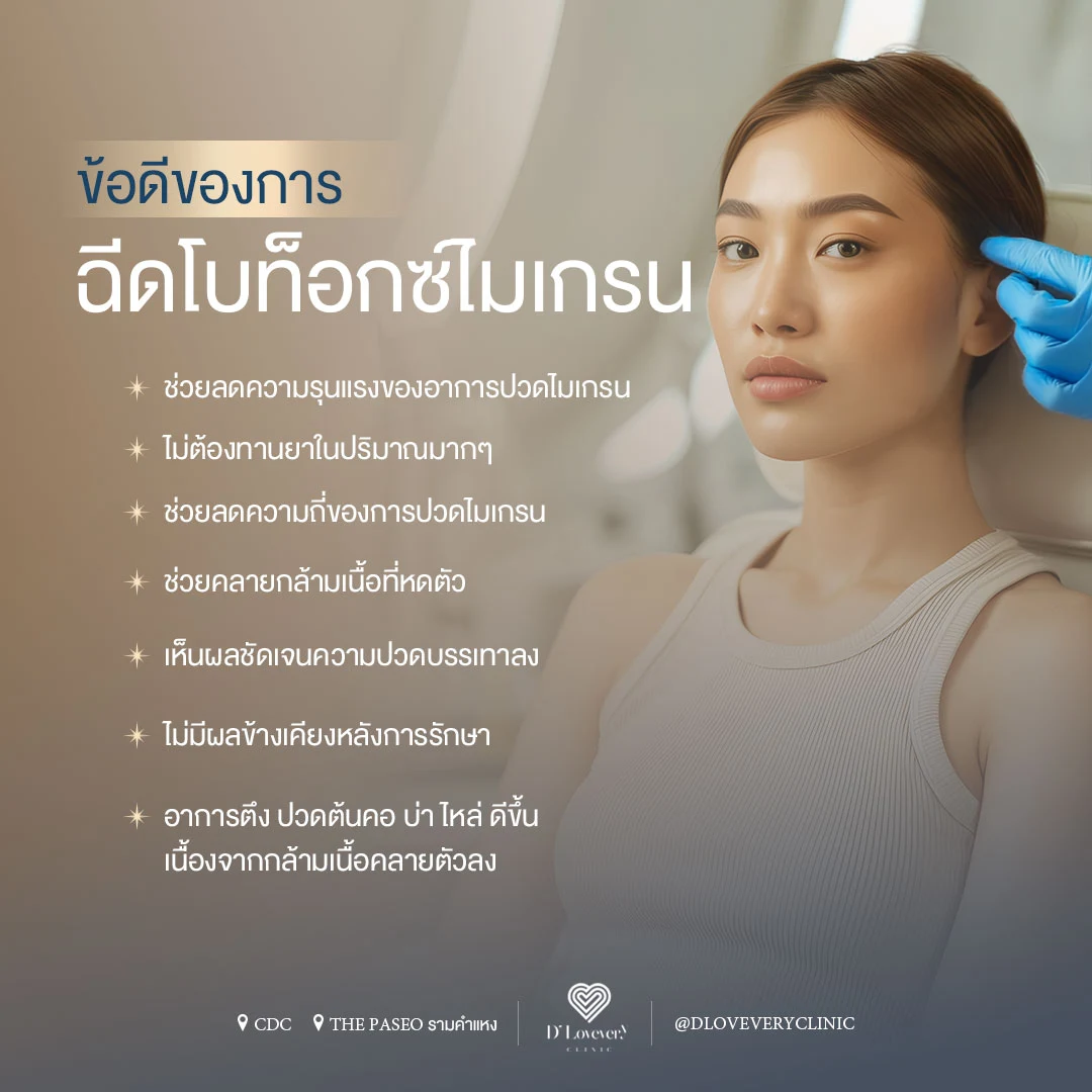 โบท็อกซ์ช่วยลดอาการปวดหัวได้อย่างไร?
ข้อดีของการฉีดโบท็อกซ์ลดปวดไมเกรน